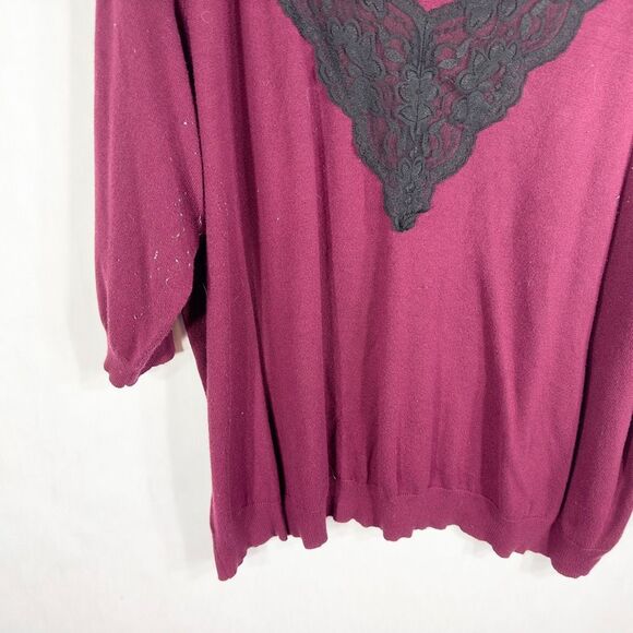 Lane Bryant Plus Size 26 28‎ Top Knit Burgundy Black Lace Sweater V Neck 639 - Picture 5 of 10